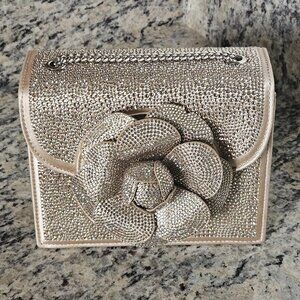 OSCAR DE LA RENTA CHAMPAGNE CRYSTAL FLOWER CROSSBODY BAG HOLIDAY EVENING HANDBAG